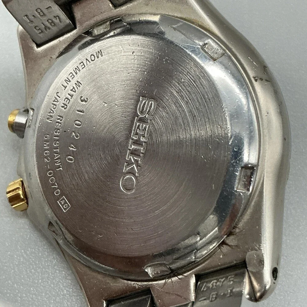 Seiko Kinetic Mens Watch 37mm Black Dial Two Tone Stainless 5M62-0C70 Date 7